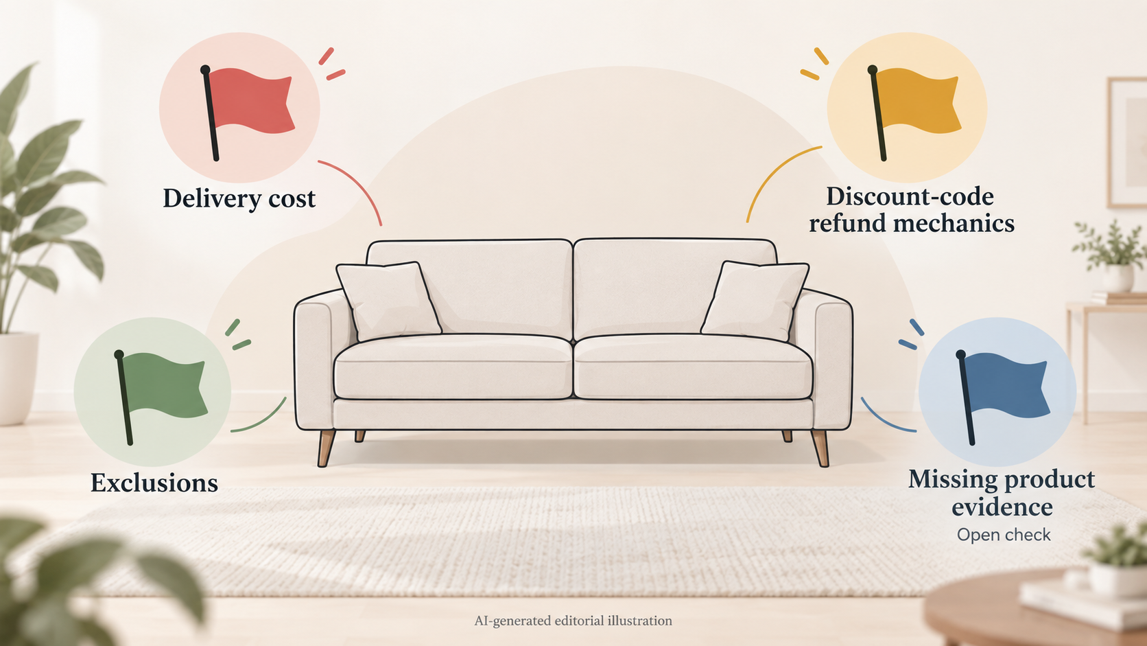 Help readers spot the traps in sofa promotions: exclusions, large-item delivery costs, refund mechanics and missing product-specific evidence