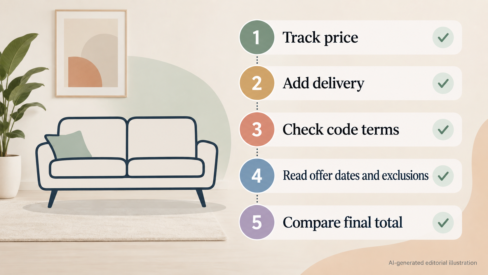 Walk readers through testing whether a sofa discount is genuine using total cost, price tracking, code mechanics and offer terms