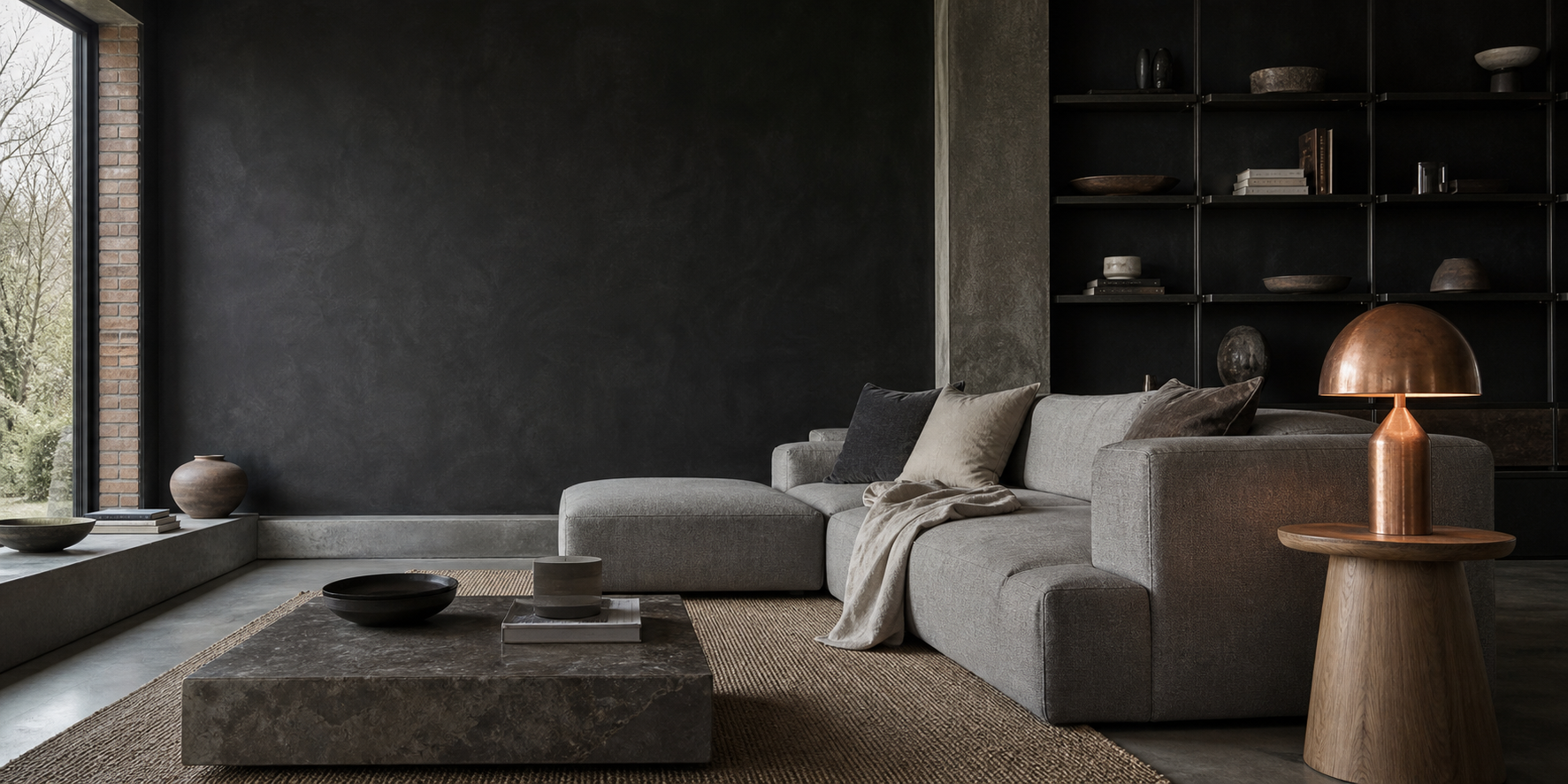 Charcoal modern-industrial living room with an oak side table and copper lamp