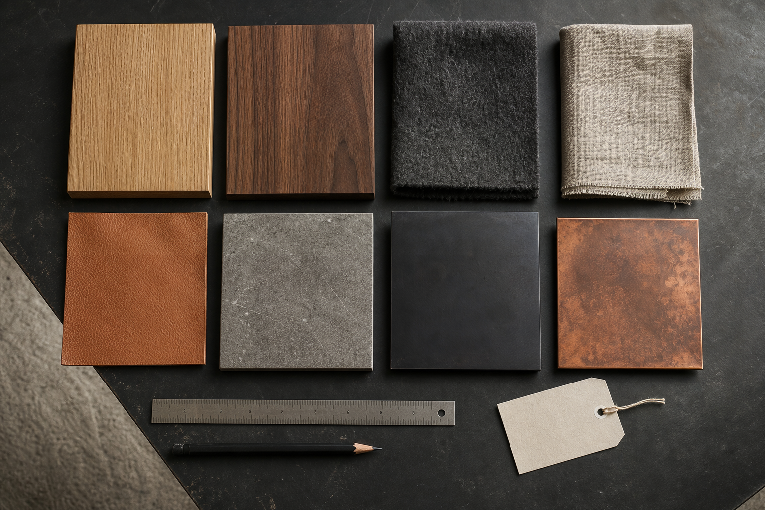 Oak, wool, linen, leather, stone, steel and copper material samples arranged for testing